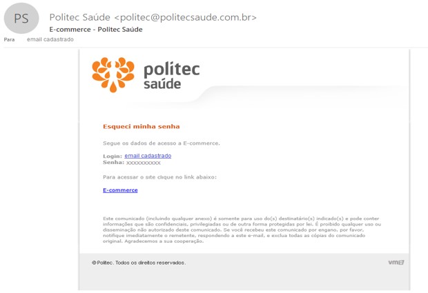 Exemplo de mensagem enviado para o e-mail cadastrado